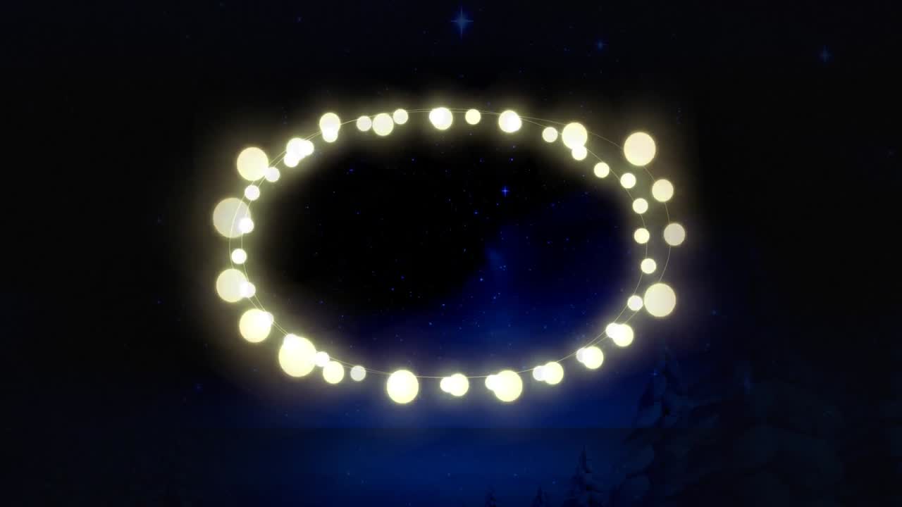 Animation of fairy light frame with copy space over fir trees and winter scenery