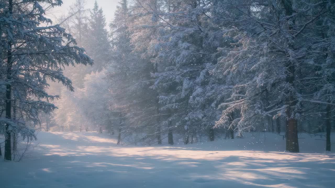 Brightening snowy conifer clearing as sun rising, casting blue shadows, revealing sun disk and mist