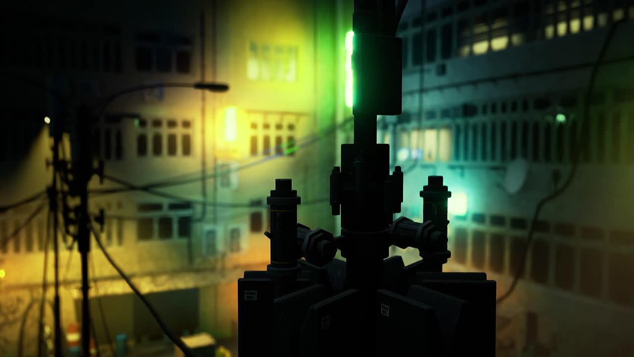 Vibrant neon lights reflect off buildings in a bustling urban area at night