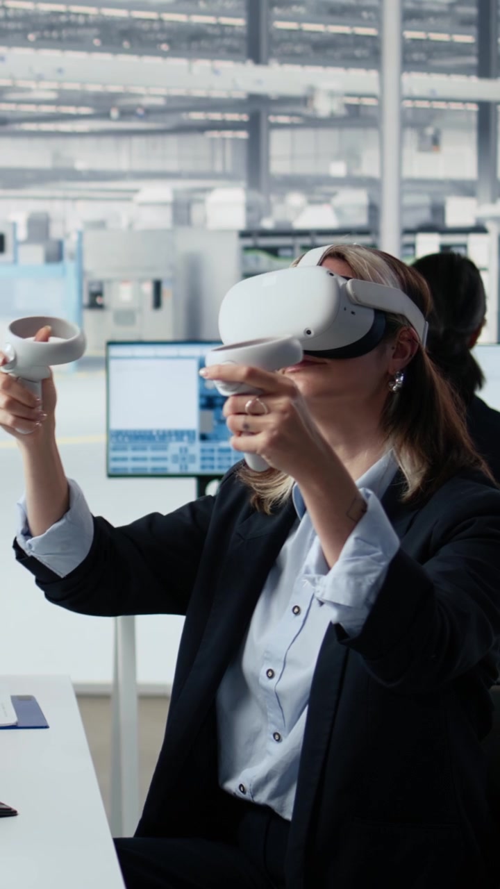 Vertical video Woman in manufacturing lab using VR goggles to design semiconductors