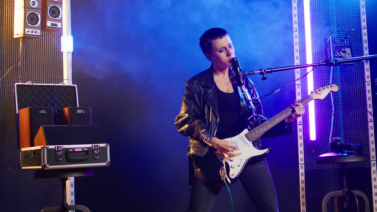 Female Musician Playing Electric Guitar on Stage