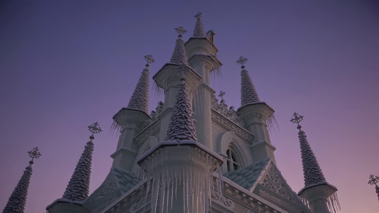 A low-angle shot of an icy castle at dusk, capturing the majestic spires and intricate details