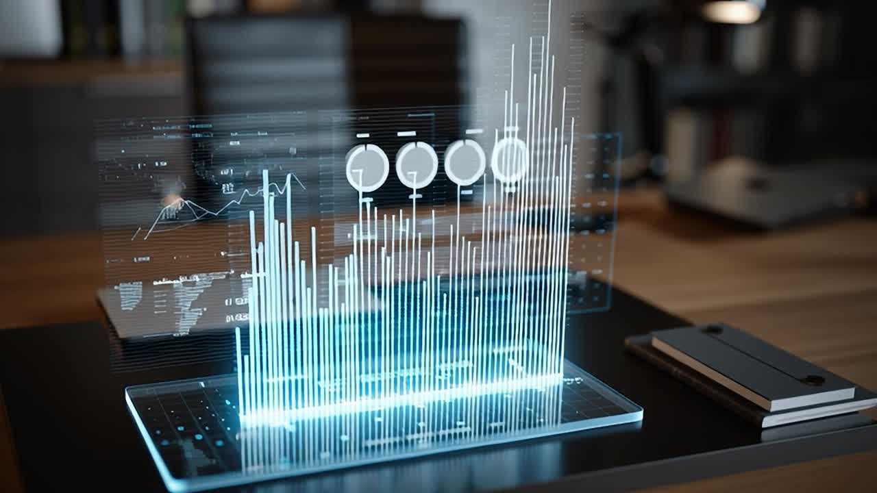 Advanced data visualization displayed on a futuristic office desk