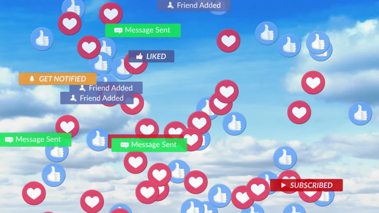 구름진 하늘 위에 떨어지는 소셜 미디어 아이콘과 이모티콘의 애니메이션