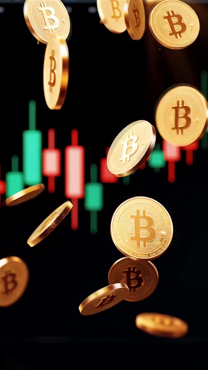 Monete Bitcoin dorate con sfondo sfocato di grafico a candele 4K.