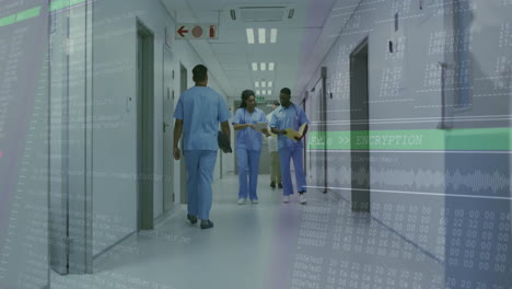 medical team walking hospital corridor with tablet and clipboard, overlaying animated data streams