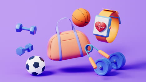 animación en bucle de elementos de fitness con estilo de dibujos animados, renderización en 3d.