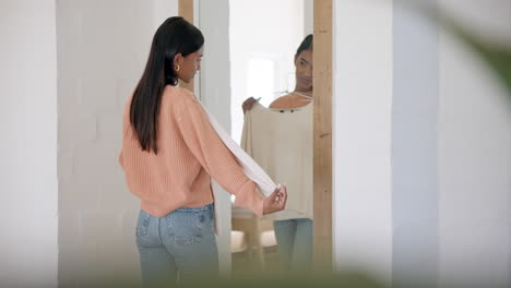 mirror, doubt and woman with choice of clothes