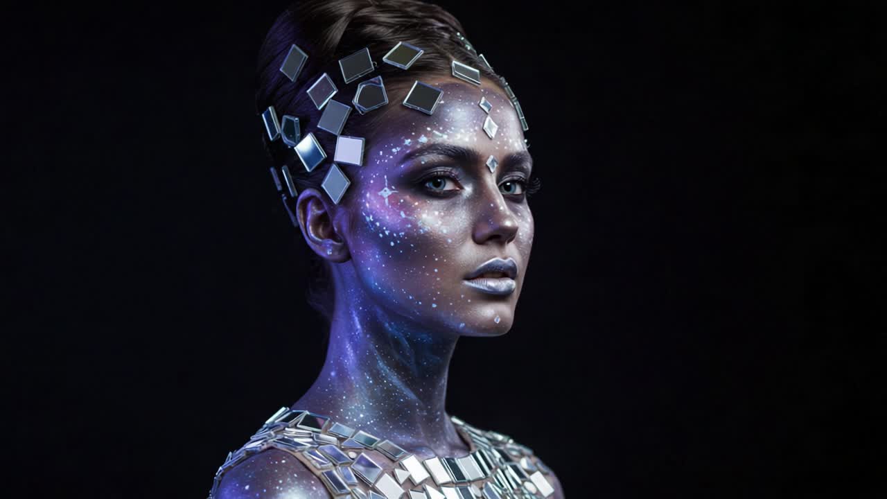 Una scintillante fantasia cosmica: splendido ritratto di una modella adornata con elementi riflettenti e body art celestiale su uno sfondo scuro.
