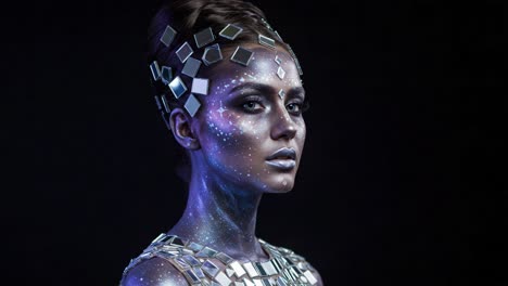 a glimmering cosmic fantasy: stunning portrait of a model adorned with reflective elements and celestial body art against a dark background