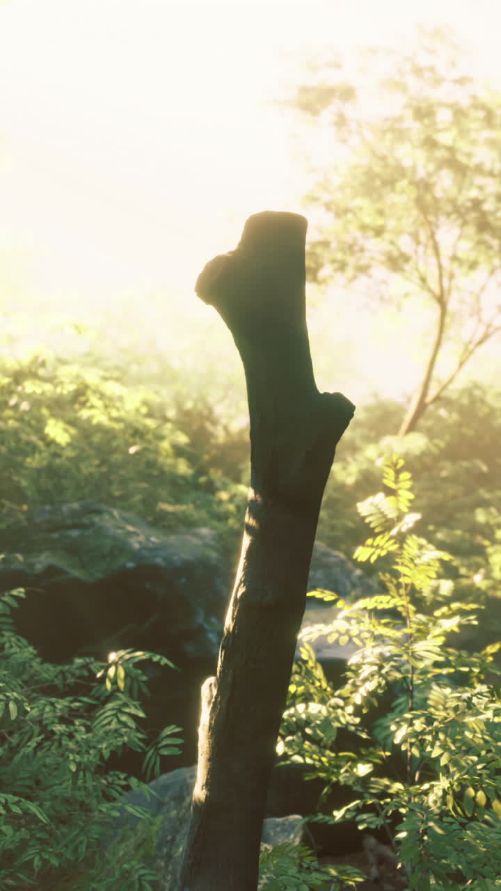 Sunlight filters through lush greenery illuminating a forest pathway