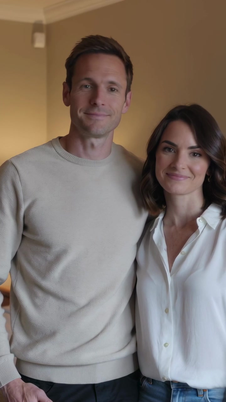 Vídeo vertical: Casal posando para um retrato em casa, sob comando, vestindo blusa de malha bege e blusa branca, com sensor.