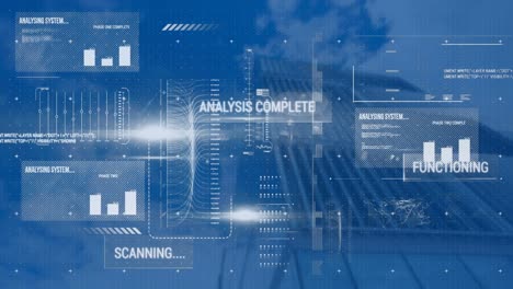 animation of statistics and financial data processing over modern building