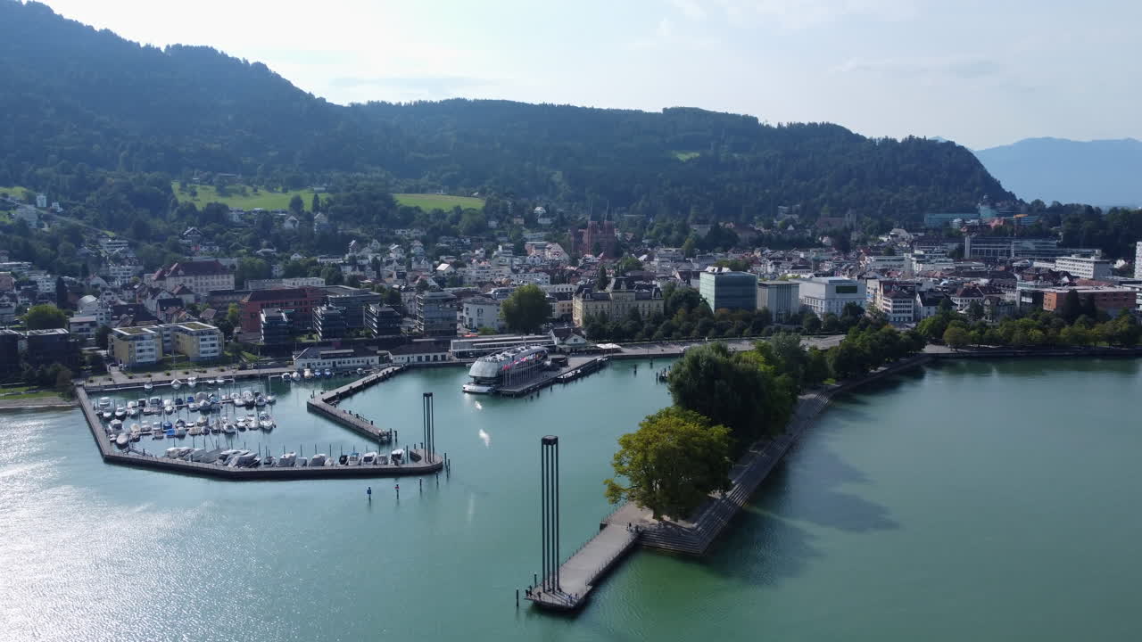 Leuchtturm am Molo Marina In Bregenz City, Austria. Aerial Drone Shot