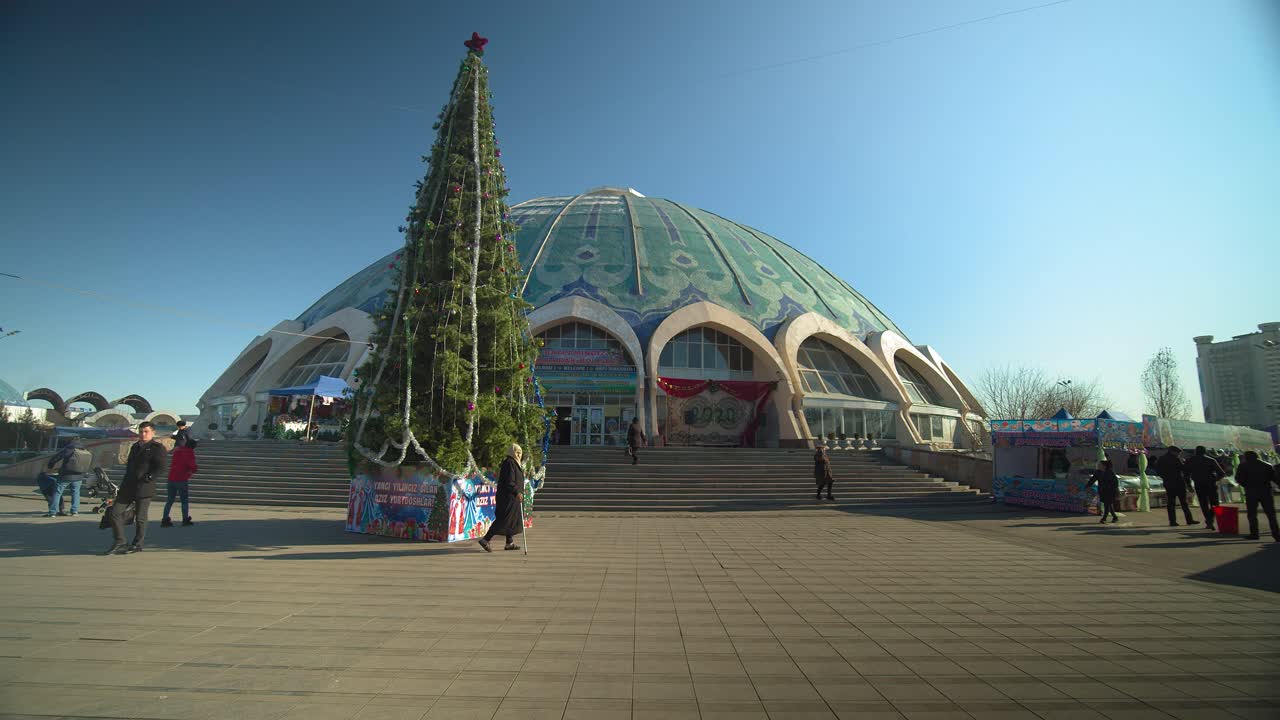 Christmas tree at the Chorsu bazaar dome in the old town of Tashkent Uzbekistan Central Asia.