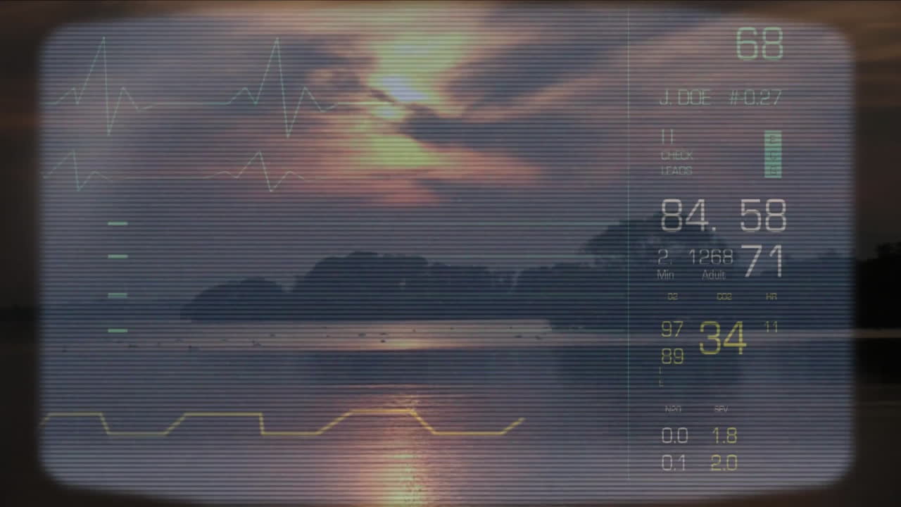 Animation of sunset over water with digital data overlay and graphical elements