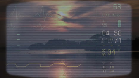 animation of sunset over water with digital data overlay and graphical elements