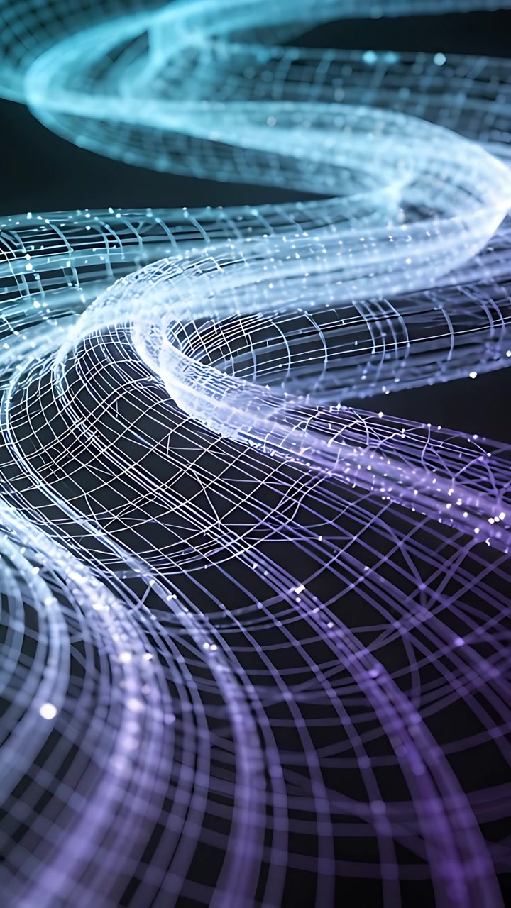 Video verticale: Render di nastri a maglie che iniziano a scivolare in avanti su sfondo nero, mostrando scintille dalla parte inferiore.