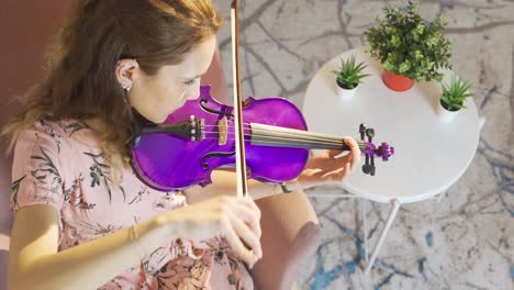 mujer músico sentada en el sofá en casa y tocando el violín.