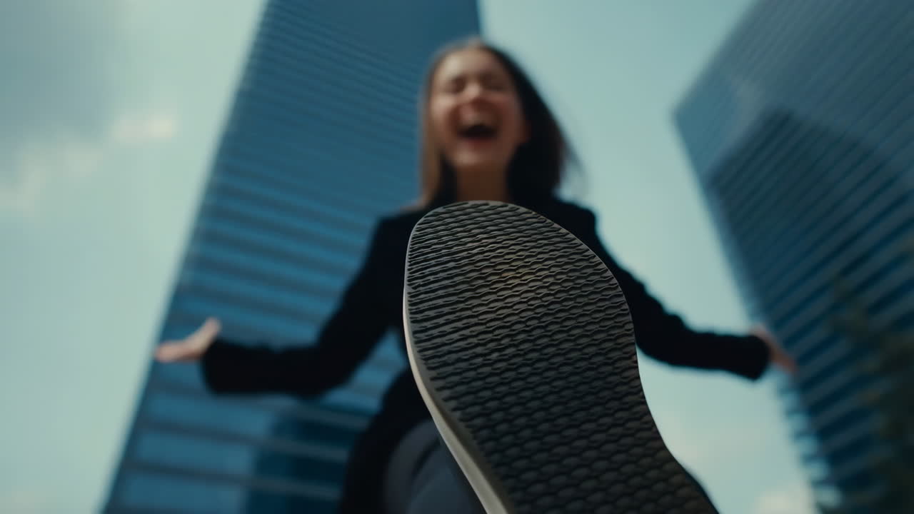 Low angle view of a person's foot and laughing face, with buildings in the background