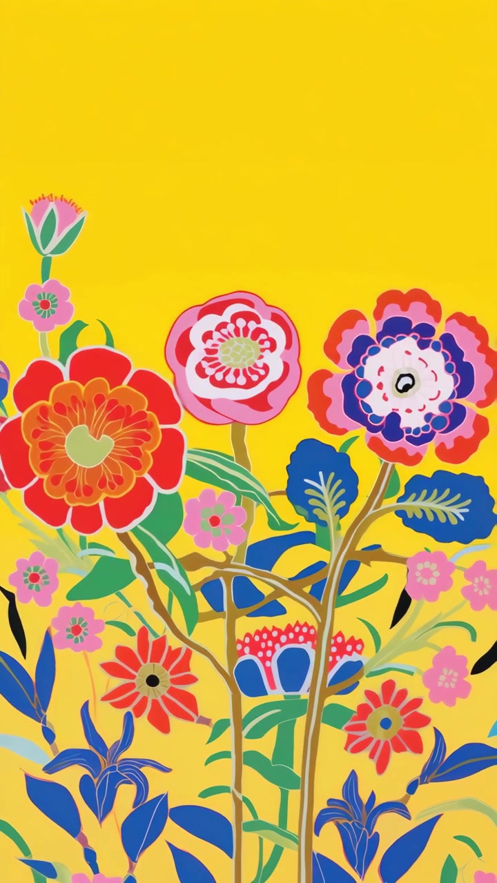 Vibrant Floral Illustration with Stylized Flowers on Yellow Background