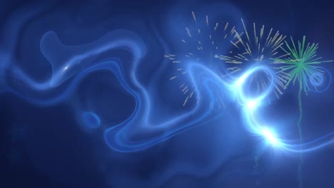 animation of fireworks over blue background with moving waves