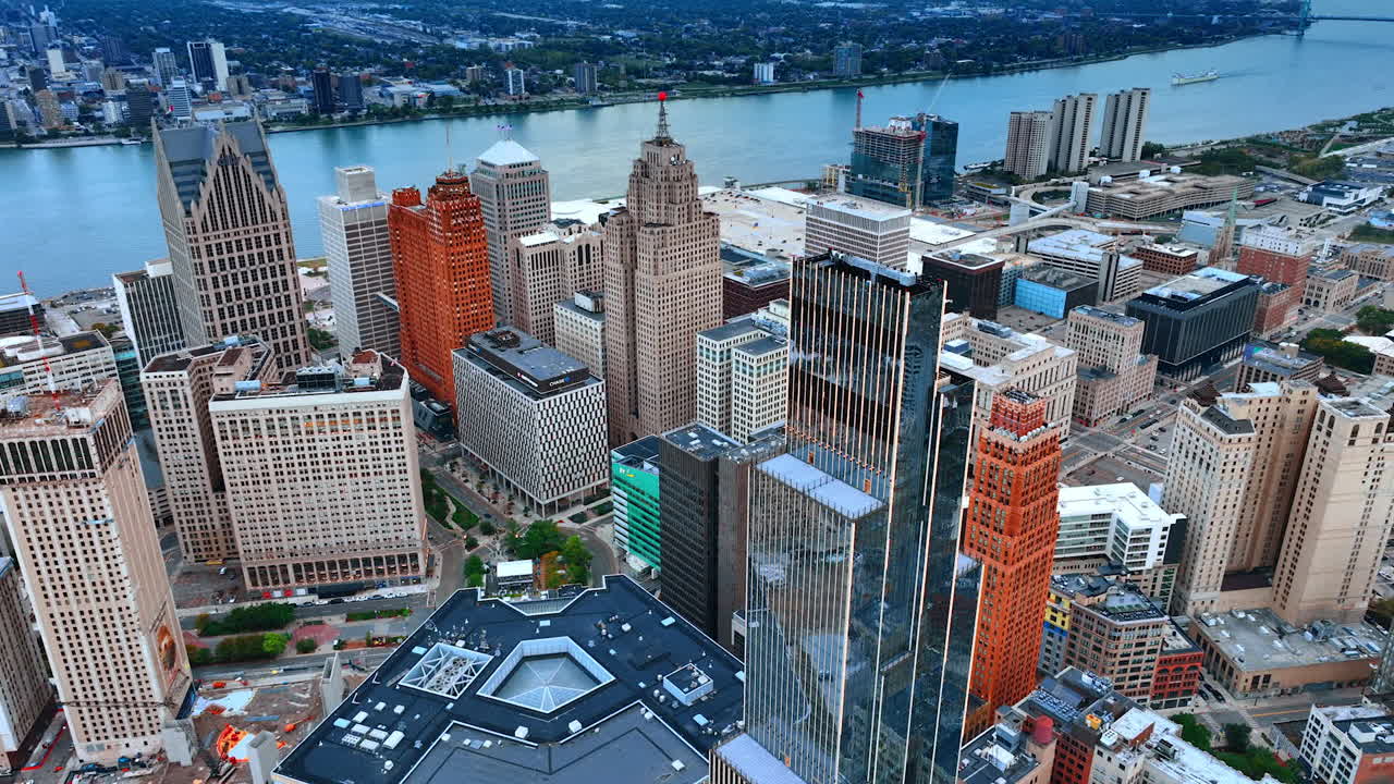 Detroit, USA, 28 July 2025: Aerial View of Downtown Detroit Skyscrapers and Riverfront. An elevated view captures the dense cluster of downtown Detroit skyscrapers