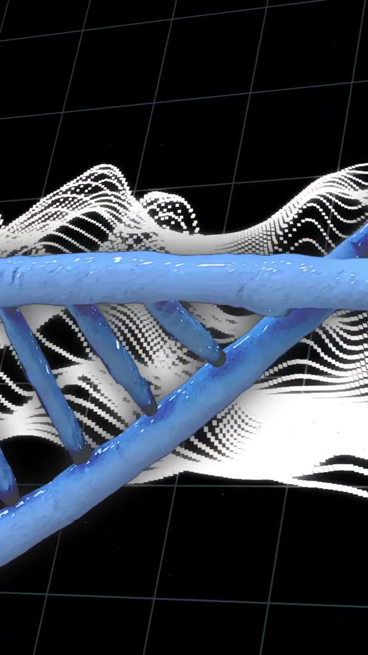 DNA strand over dynamic wave patterns and grid background, scientific data visualization