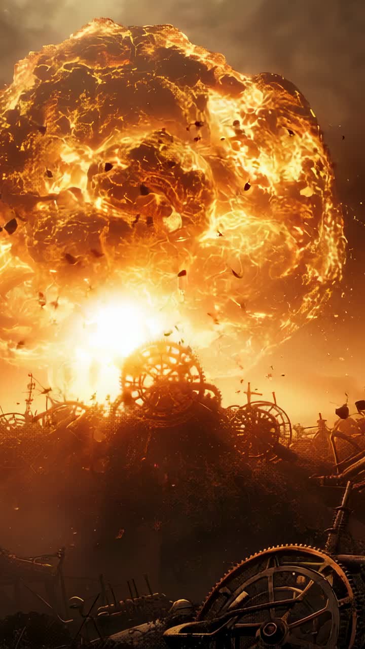 Vertical video: Igniting molten core growing into blazing fireball over scrapyard, lighting cogs