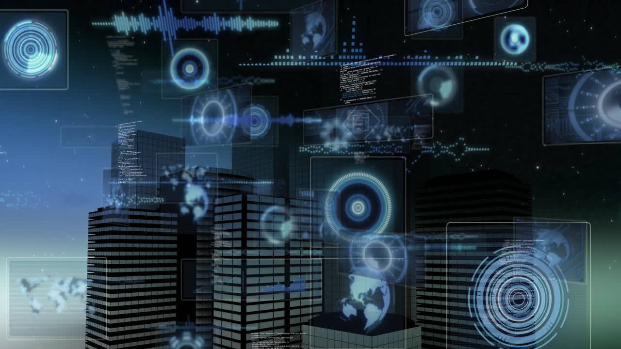 Animation of data processing over cityscape