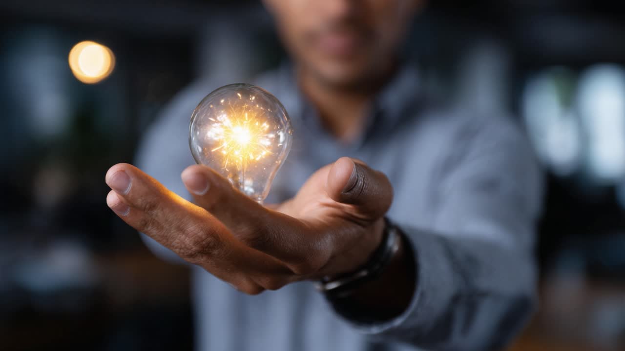 A person holds a glowing light bulb in their hand, symbolizing creativity, innovation, and inspiration, with a warm, bright light illuminating the scene around them