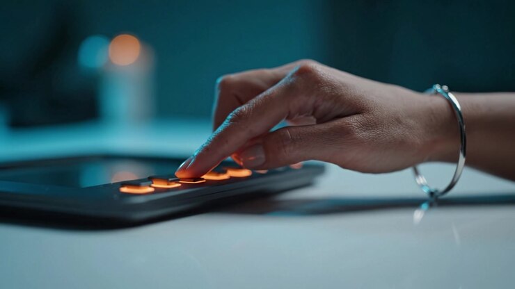 Close-up of a modern electronic device featuring illuminated buttons and a reflective screen, set against a softly lit background with a blurred candle.