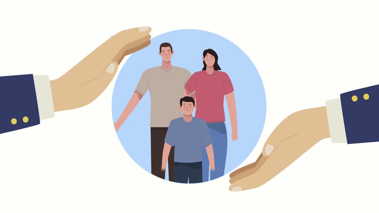 insurance service animation with hands protecting family