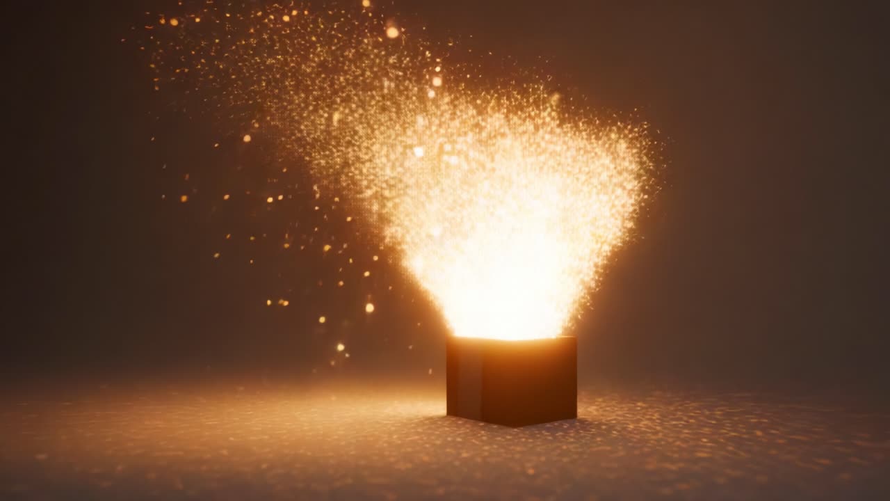 A mesmerizing display of shimmering particles erupting from an open box, with a rich golden glow illuminating the scene and creating a captivating visual phenomenon of light and magic