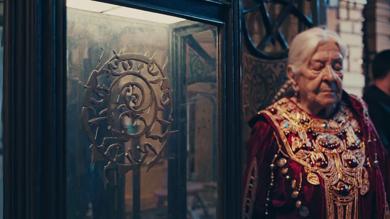 Elderly woman adorned in vibrant traditional attire stands beside ornate glass, capturing the essence of cultural heritage and timeless elegance in a bustling environment