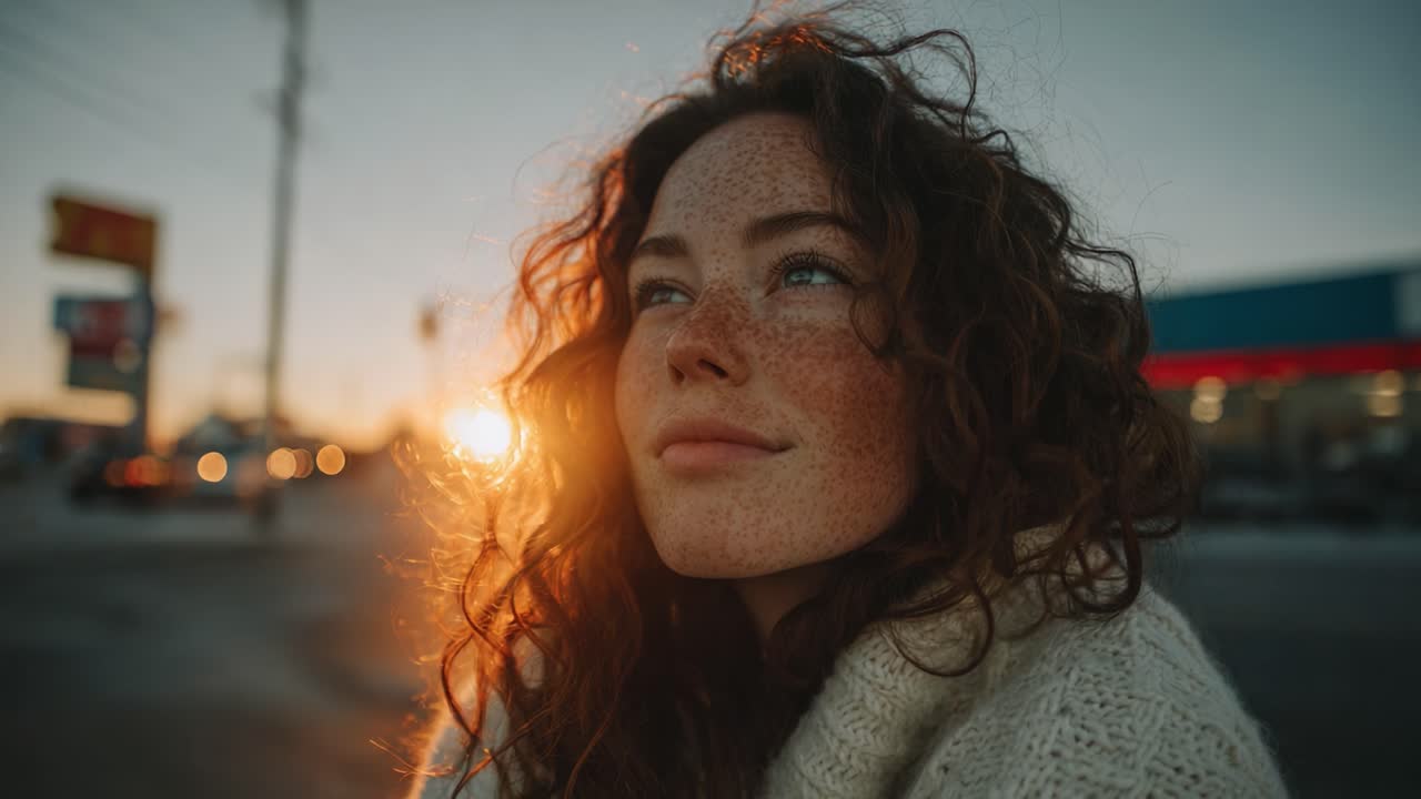 A Young Woman with Freckles and Curly Hair Enjoys a Beautiful Sunset, Capturing a Moment of Serenity and Natural Beauty Against a Urban Backdrop