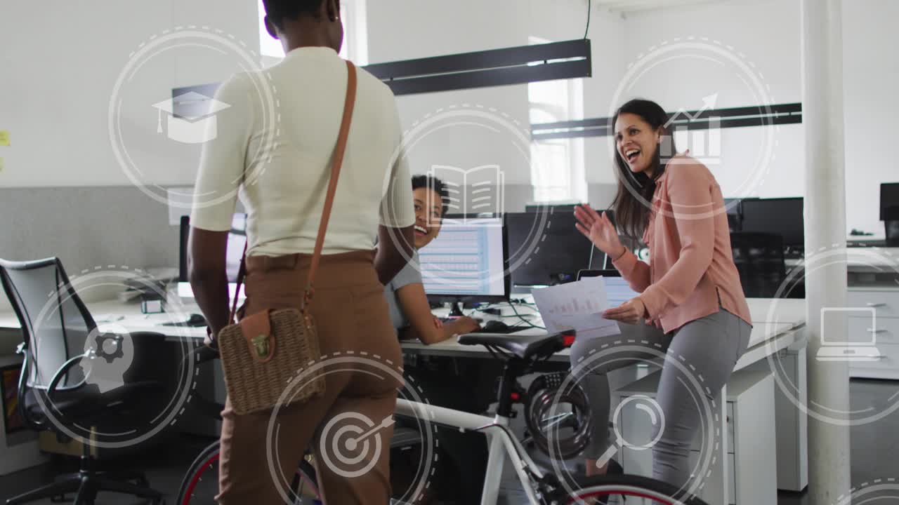 Cyclist parking bike in tech office while team scanning project charts and analytics icons floating