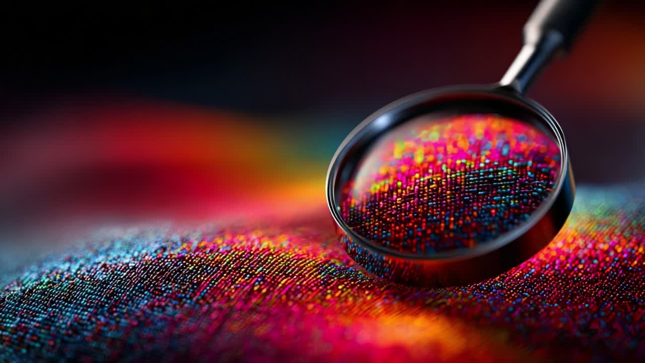 Macro View of Colorful Fabric Under Magnifying Glass Showcasing Intricate Textures and Vibrant Patterns in a Dramatic Blend of Light and Color, Capturing Fascination and Detail in Textile Artistry