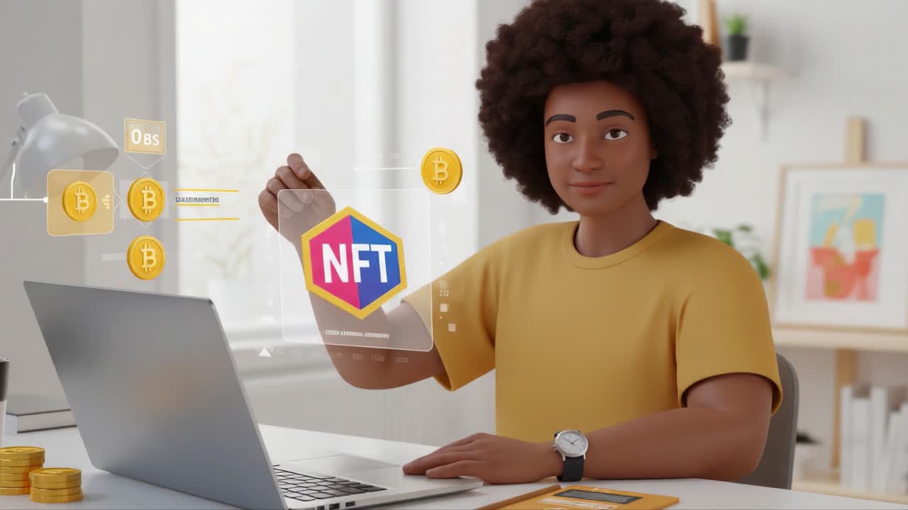 Donna che esplora NFT e criptovaluta con display olografico.