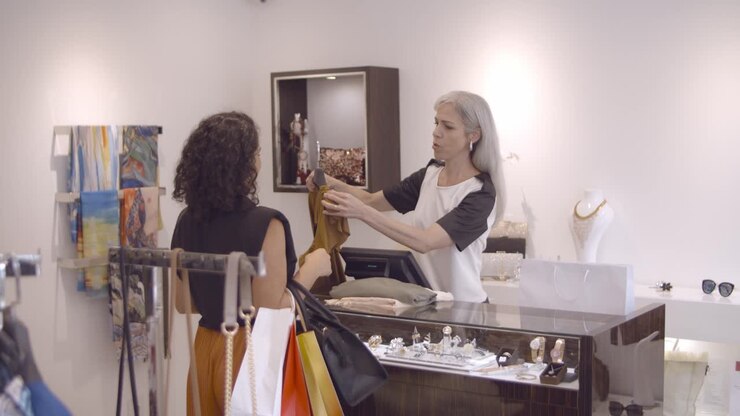Black haired female customer buying clothes in fashion store