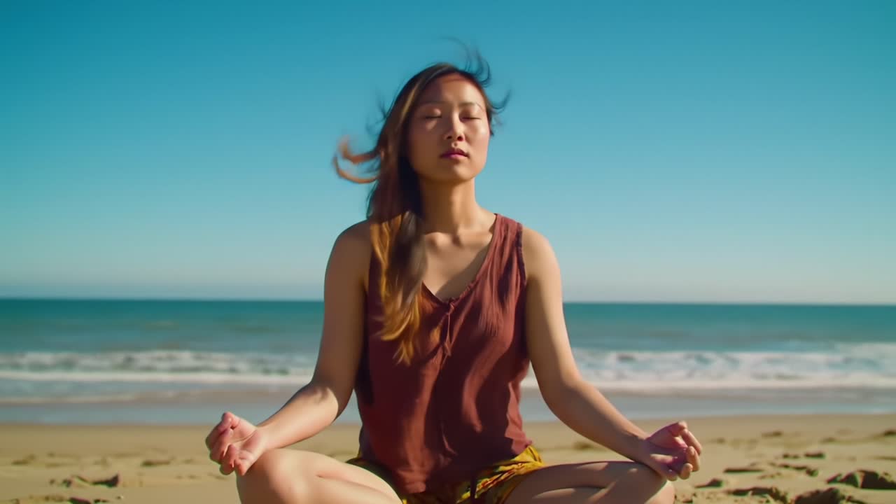 A Woman Meditates in Tranquil Beach Serenity, Embracing Inner Peace Under a Clear Blue Sky, Surrounded by Gentle Ocean Waves and Soft Sand