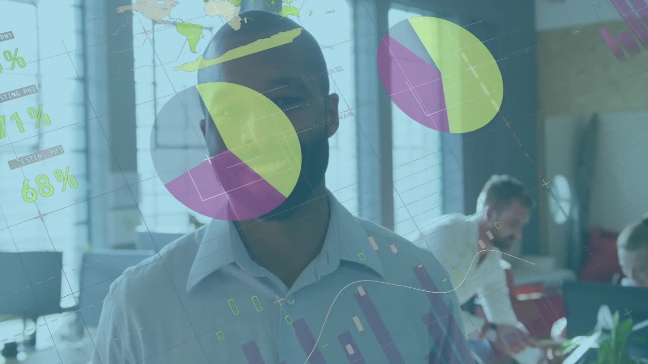 Animation of infographic interface over portrait of smiling african american man standing in office