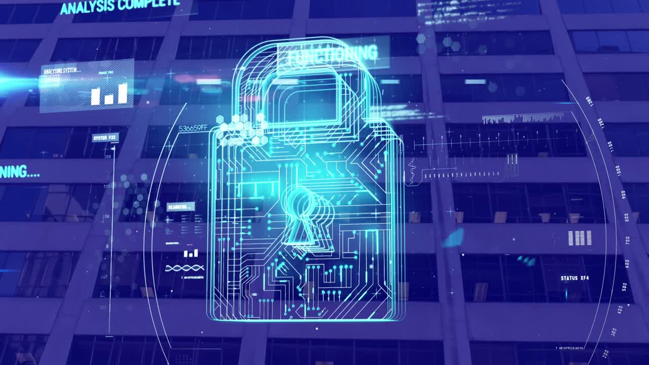 Animation of online security padlock and data processing over purple modern building background