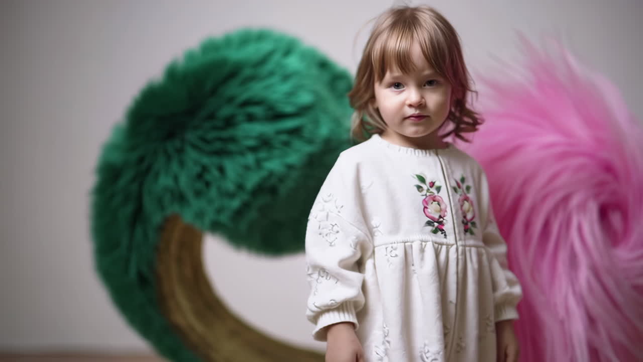 Young Child Interacting with Colorful Fluffy Abstract Shapes