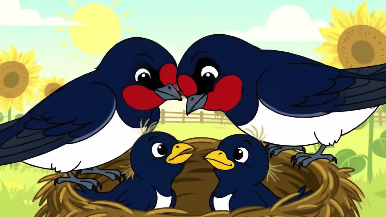 A Heartwarming Scene of Family Swallows Nurturing Their Chicks in a Nest Surrounded by Bright Sunflowers Under a Beautiful Sunny Sky