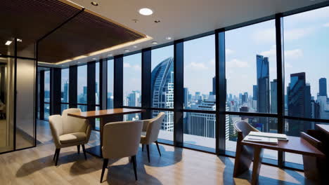 modern office lounge area with city skyline view