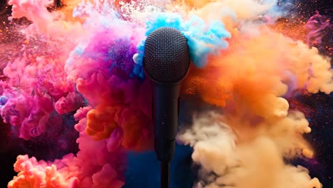 a microphone is in front of a colorful explosion. the microphone is pointing towards the explosion, as if it is capturing the sound of the explosion. the explosion is colorful and vibrant