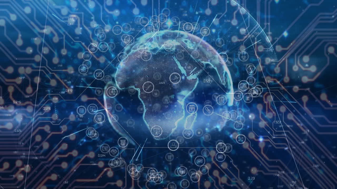 Animation of digital globe with network connections on blue circuit background