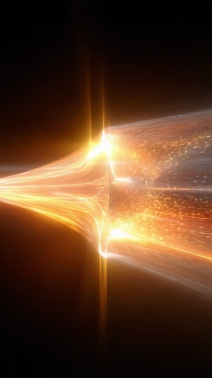 Explosión dinámica de partículas brillantes y corrientes de energía, representando movimiento y luz vibrantes, mostrando la belleza de la visualización digital abstracta en movimiento.