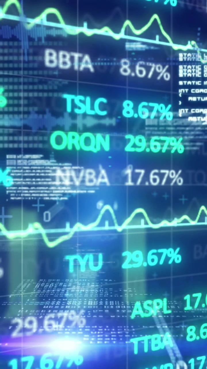 Animation of financial data processing and statistics on black background